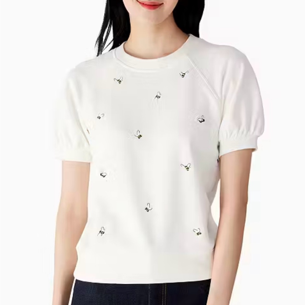 Kate Spade White Embroidered Bee Short Sleeve Top